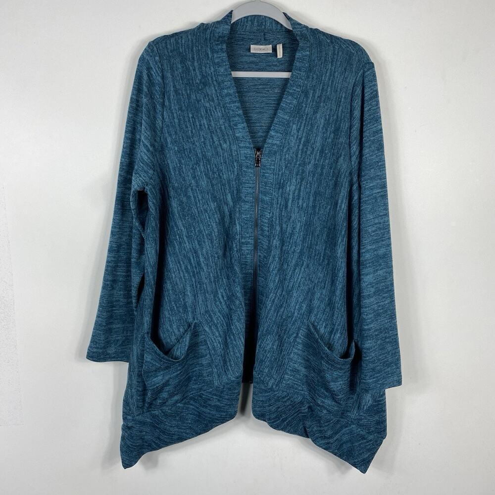Logo Lori Goldstein Size Large Sharkbite Hem Full Zip Cardigan Sweater Green